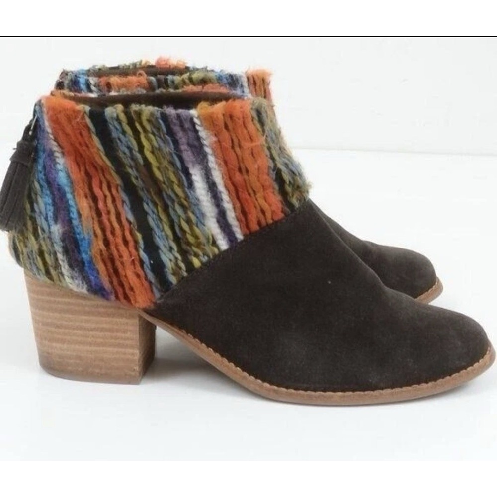 TOMS Leila Women's 9 Chocolate Brown Suede Multi Color Yarn Textile Booties